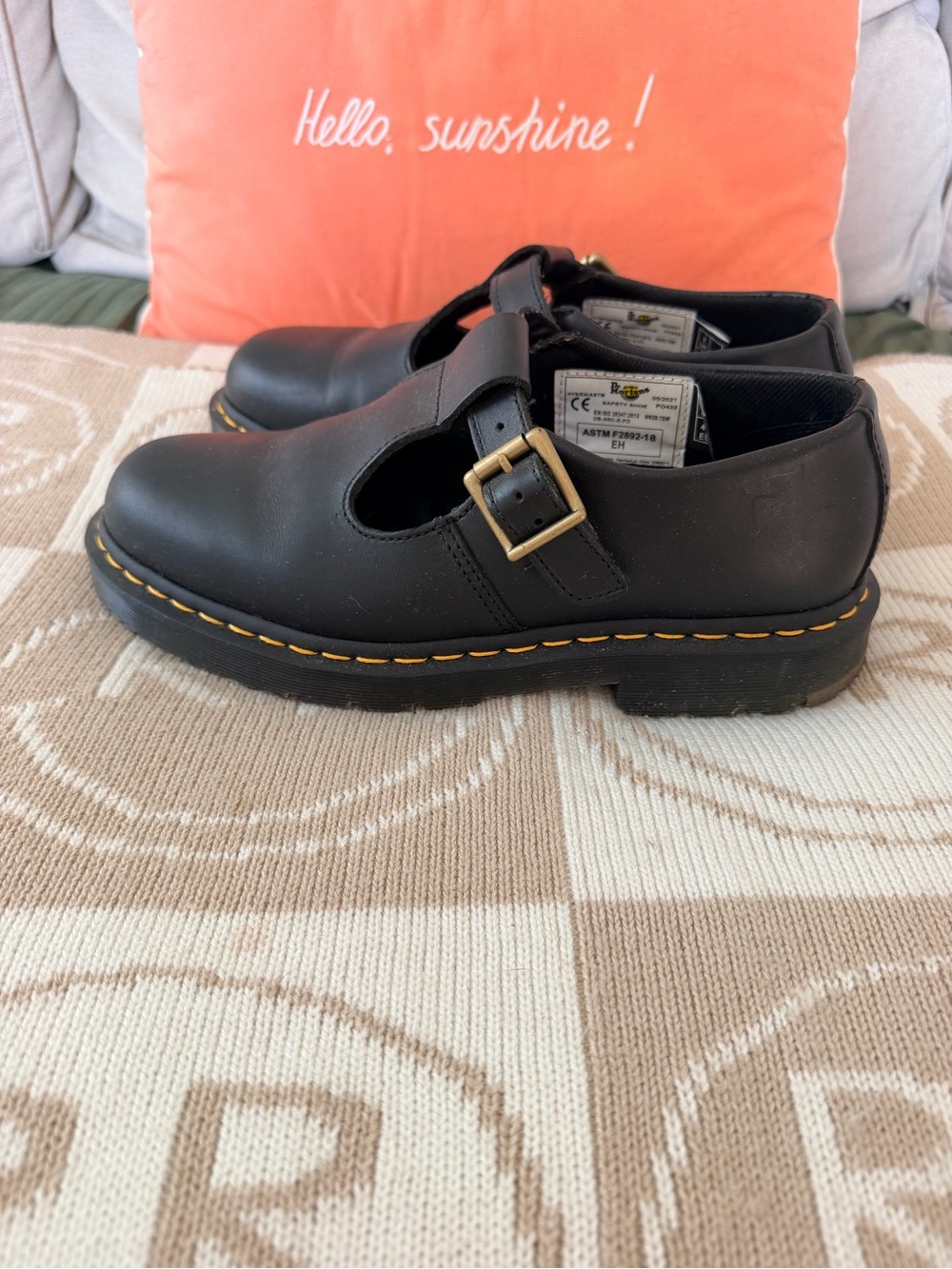 Dr. Martens Black Mary Jane Shoes with Yellow Stitching